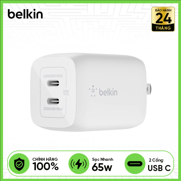 Củ Sạc Nhanh BELKIN 2 Cổng USB-C 65W PD 3.0 PPS GaN White (WCH013) - Trắng