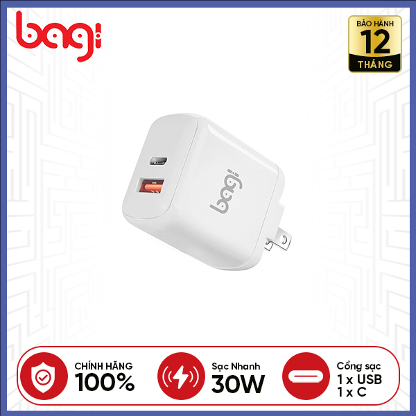 Củ sạc nhanh Bagi 2 cổng USB &amp; Type-C PD 30W - Trắng