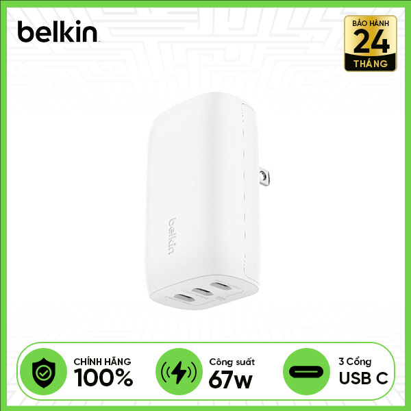 Củ sạc nhanh BELKIN Trial 3 x USB-C PD 3.1 PPS GaN 67W - Trắng