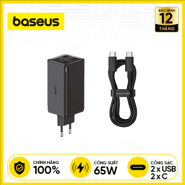 Bộ Sạc Nhanh BASEUS GaN6 Pro 2C+2U 65W | Kèm Cáp Sạc C-C 100W 1m Chính Hãng - Đen