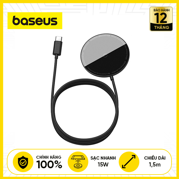Đế Sạc Nhanh Không Dây Nam Châm BASEUS Simple Mini Magnetic Cable Type-C 1.5m 15W - Đen