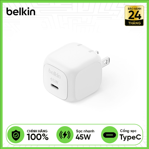 Củ Sạc Nhanh BELKIN 45W PD 3.0 PPS GaN - Trắng