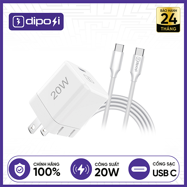 Bộ Sạc Nhanh Diposi Kèm Cáp C to C PD20W Chính Hãng - Trắng