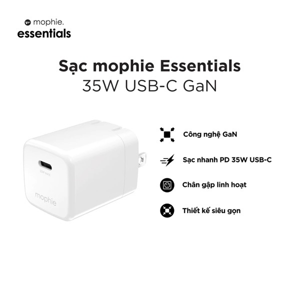 Củ Sạc Nhanh Mophie Essentials 35W 1C GaN Chính Hãng - Trắng