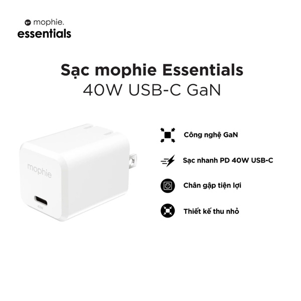 Củ Sạc Nhanh Mophie Essentials 40W 1C GaN Chính Hãng - Trắng