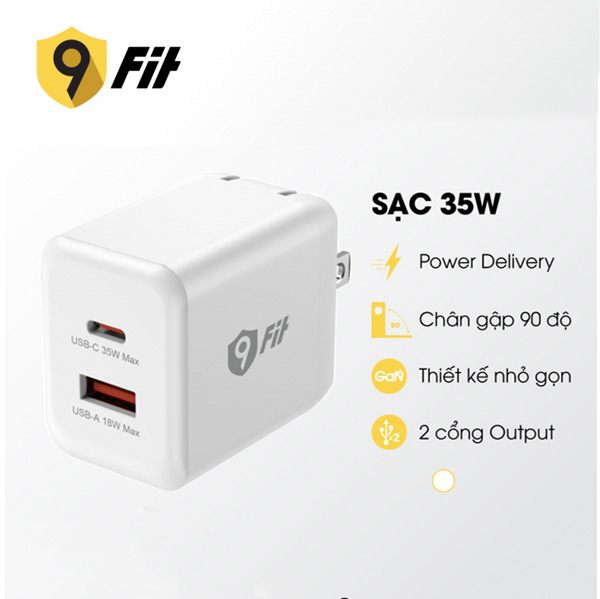 Củ Sạc Nhanh 9FIT PD 35W 1A1C GaN Chính Hãng - Trắng
