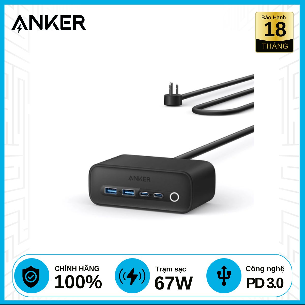 Đế Sạc Anker 525 A91C0 3AC 2A 2C 67W Chính Hãng - Đen