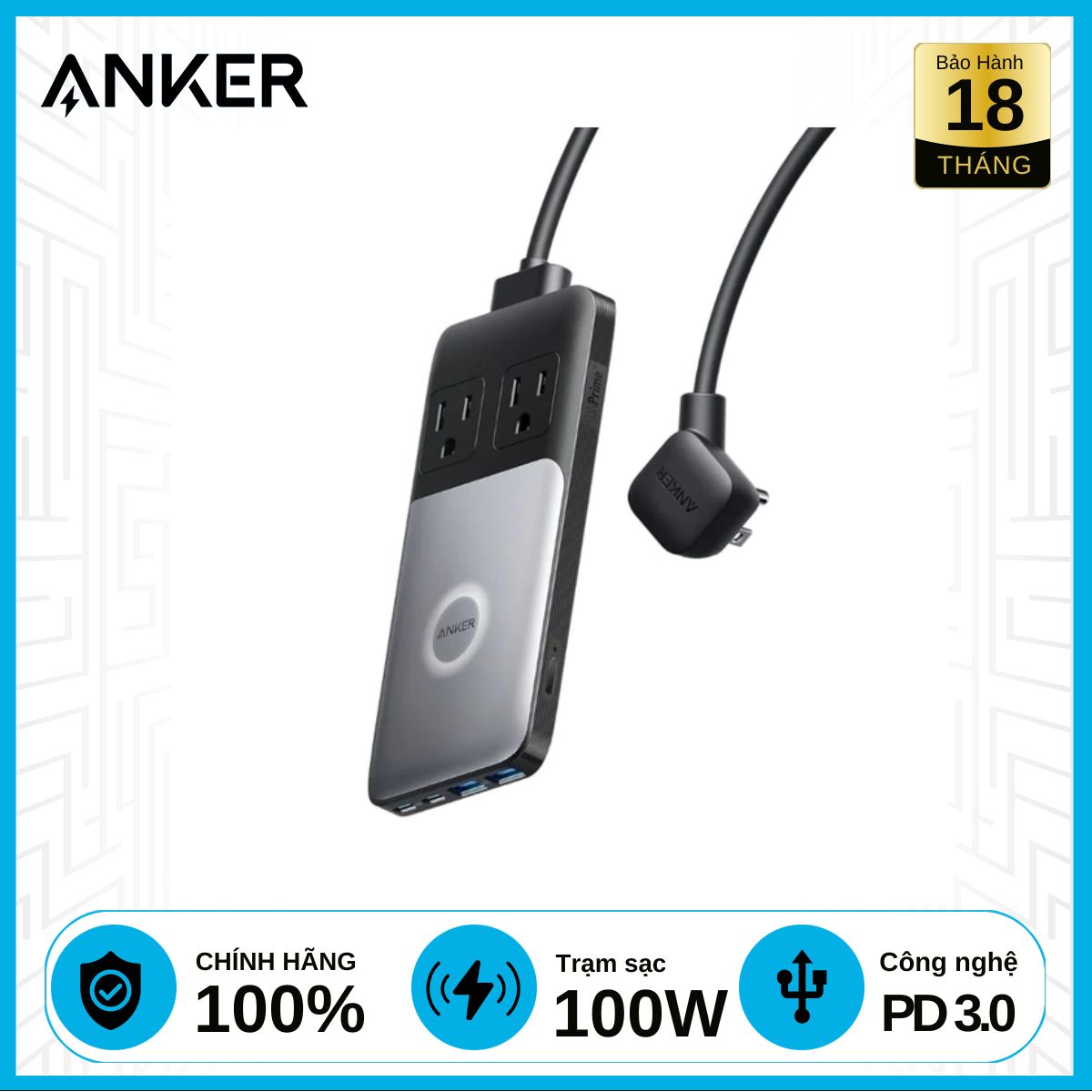 Đế Sạc Anker 727 GaN Prime 2AC + 2C + 2A 100W A9126 Chính Hãng - Đen