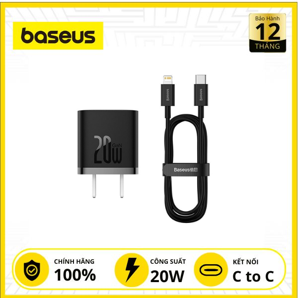 Bộ Sạc Kèm Cáp BASEUS GaN5 Fast Charger Mini 1C 20W - Đen