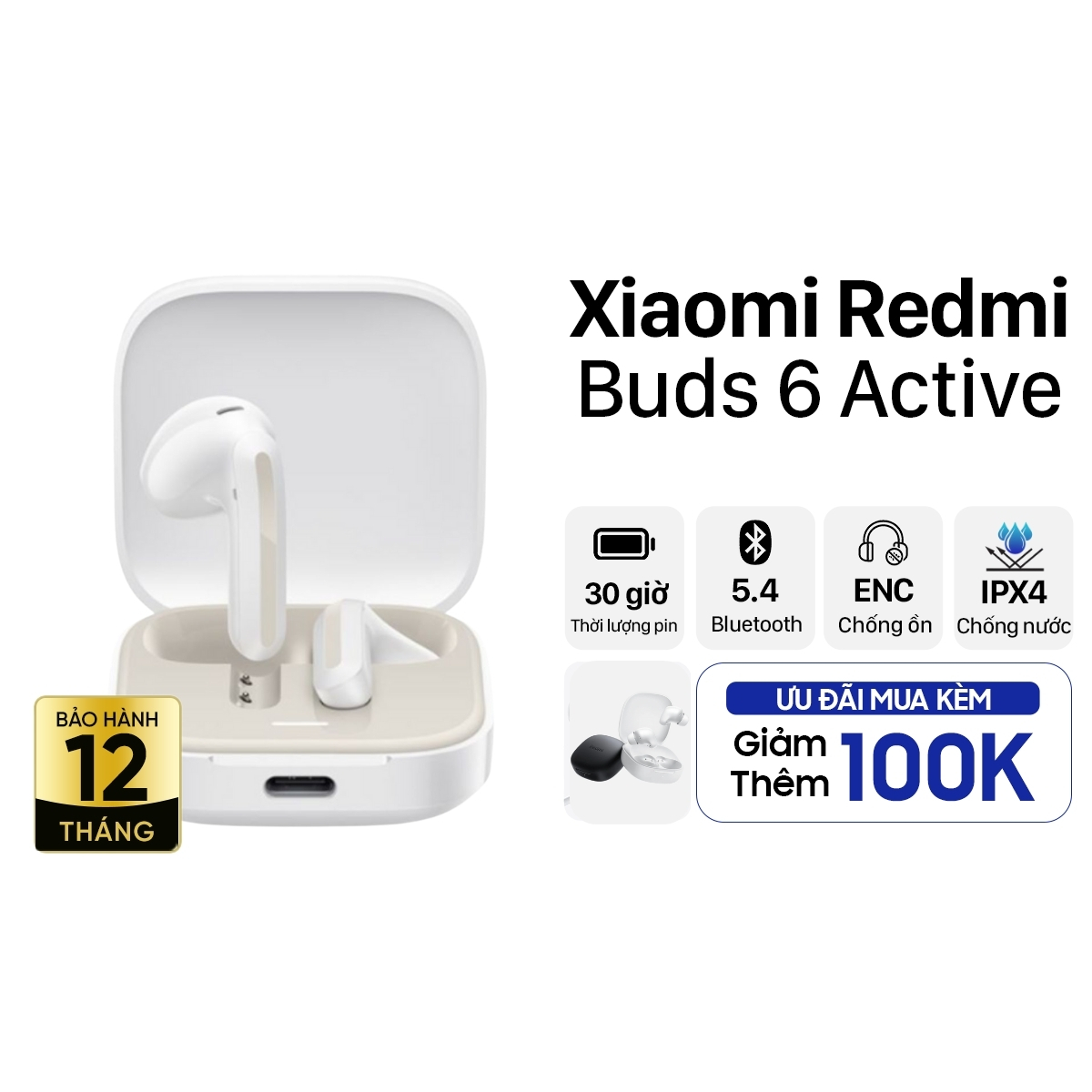 Tai Nghe Bluetooth True Wireless Xiaomi Redmi Buds 6 Active - Trắng