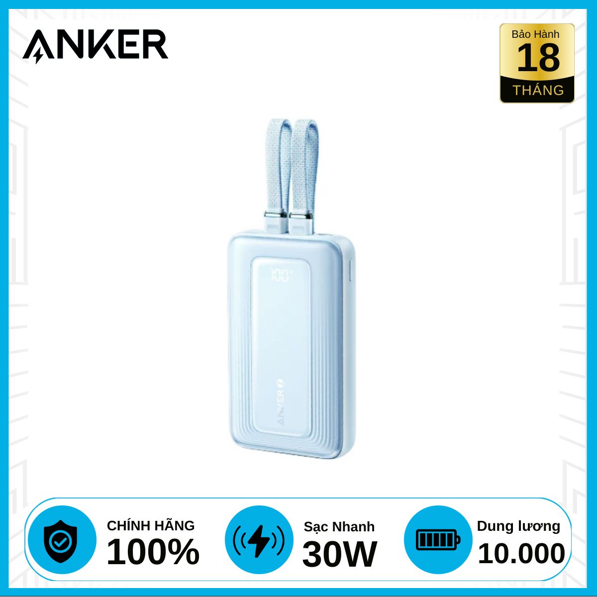 Pin sạc dự phòng Anker Zolo A1680 10000mAh 30W 1A1C chính hãng - Xanh Dương