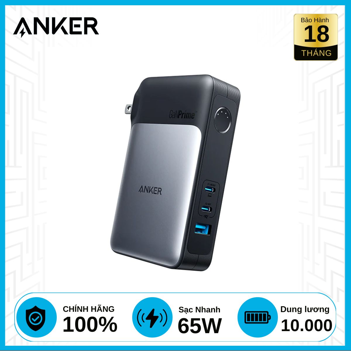 Pin Sạc Dự Phòng Anker 733 Ganprime 10000mAh 65W 2C1A A1651 chính hãng - Đen