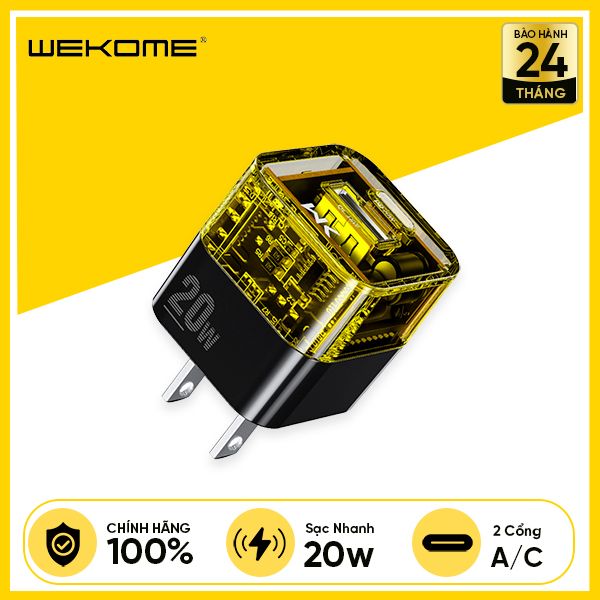 Củ Sạc Nhanh WEKOME WP-U149 PD20W Có 2 Cổng Output 1C/1A Nhỏ Gọn, An Toàn, Thiết Kế Trong Suốt - Vàng Đen