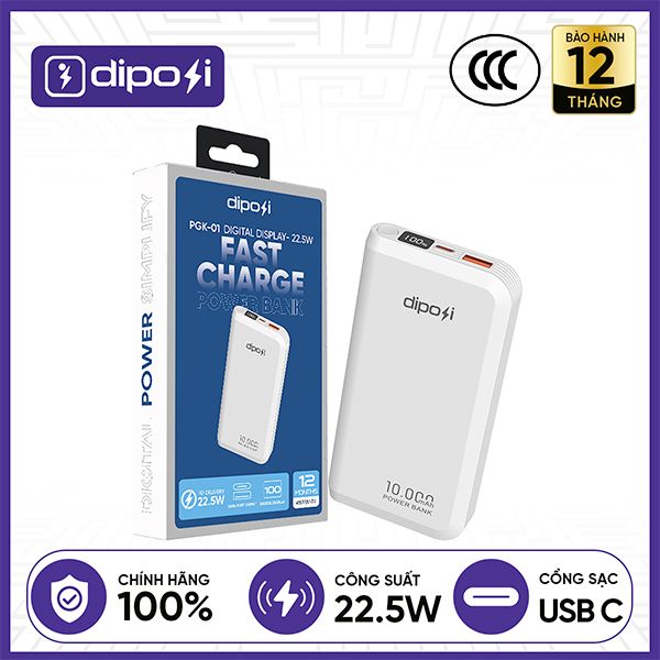 Pin Sạc Dự Phòng DIPOSI DiPow Digital Display 10000mAh Sạc Nhanh 22.5w PGK-01 Chính Hãng - Trắng