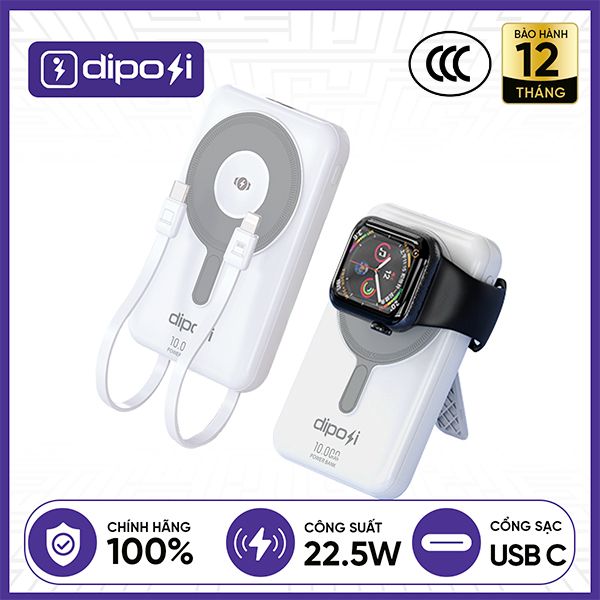 Pin Sạc Dự Phòng DIPOSI DiPow Magnetic 5in1 Digital Display 10000mAh Sạc Nhanh 22.5W PGK-02 Chính Hãng - Trắng
