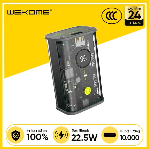 Pin Sạc Dự Phòng WEKOME WP-333 10.000mAh 22.5W Có 2 Cổng Output 1C/1A, Thiết Kế Trong Suốt - Đen