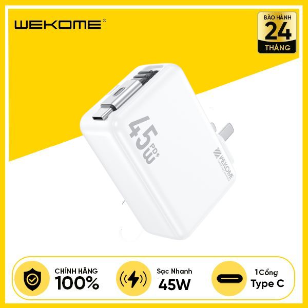 Bộ Sạc Kèm Cáp Dây Rút WEKOME WP-U42 GaN 45W Type-C 1C Chân Gập - Trắng