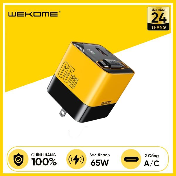 Bộ Sạc Kèm Cáp Dây Rút WEKOME WP-U39 GaN 65W Type-C 1A1C - Vàng Đen