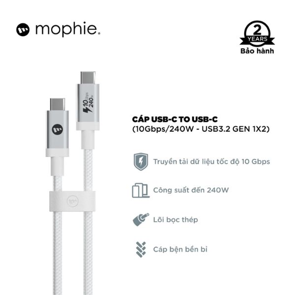 Cáp Mophie Type-C to Type-C 240W 10Gbps 1.5m Chính Hãng - Trắng