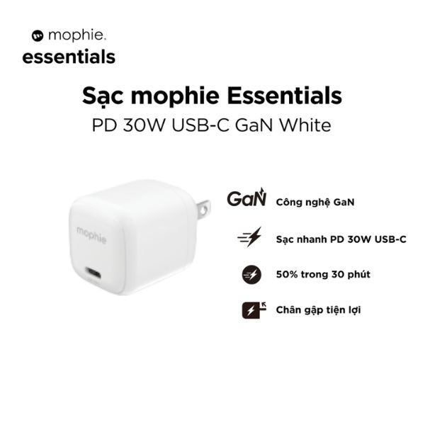 Củ Sạc Mophie Essentials 1C GaN 30W Chính Hãng - Trắng