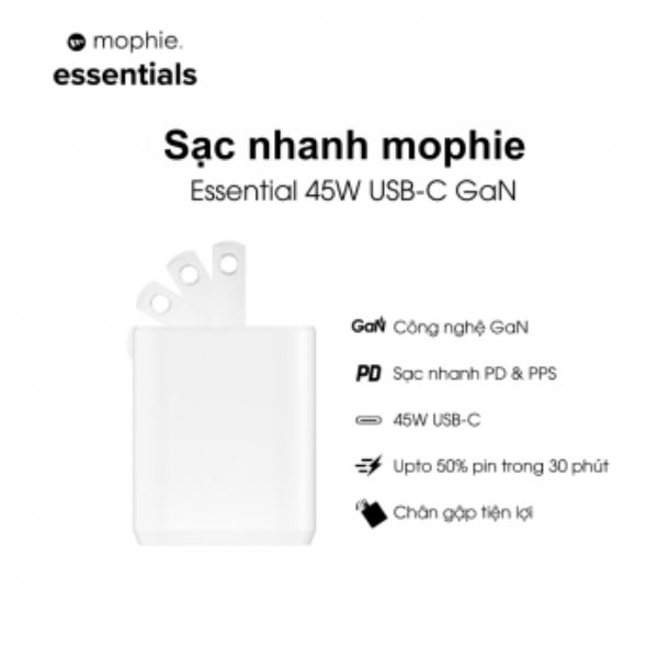 Củ Sạc Mophie Essentials 1C GaN 45W Chính Hãng - Trắng