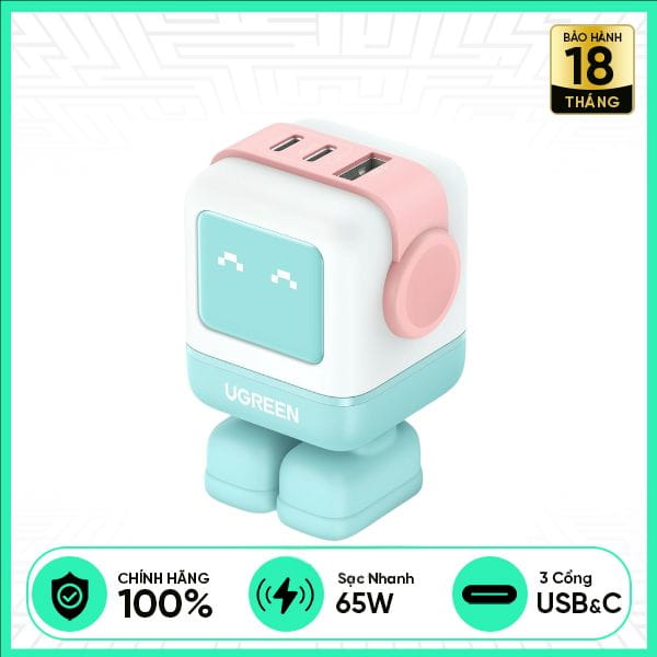 Củ Sạc Nhanh UGREEN GaN Nexode Robot 3 Cổng 65W - Xanh Lá